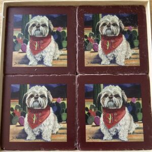 Lhasa Apso Dog Coasters NIB Set Of 4 D. Madaras Hand-Painted Sandstone & Cork